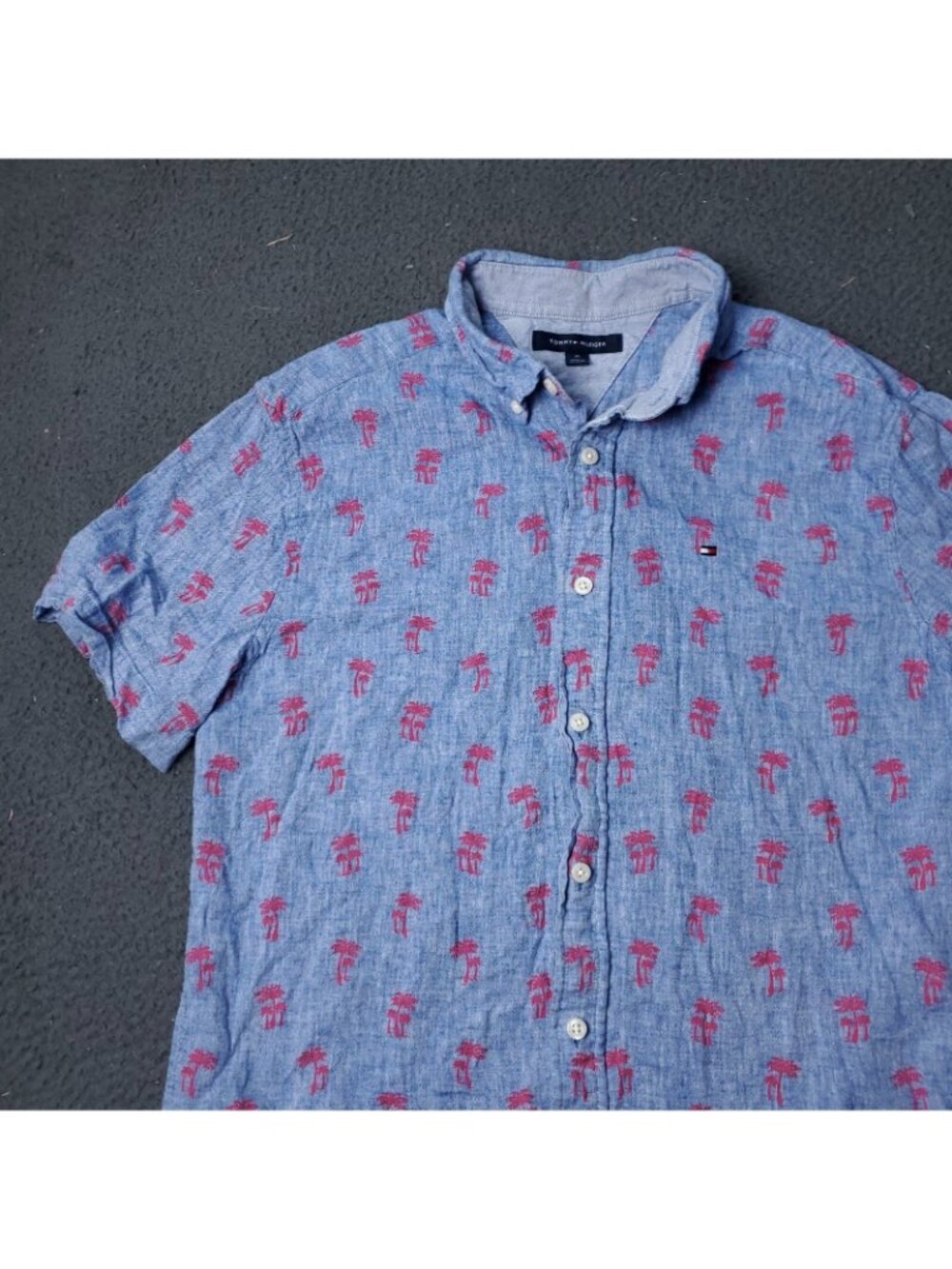 Tommy Hilfiger Linen Shirt Men M Medium Blue Cotton Button Short Sleeve Hawaiian - Picture 4 of 8